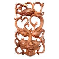 2019 'Sensuous Dreams' Wood Mask Wall Sculpture Surreal Face Hand Carved NOVICA Bali   312215765149